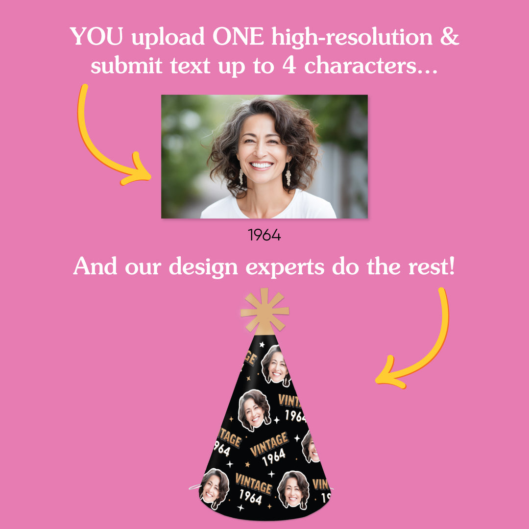 Custom Fun Face Vintage Birthday Cone Hat - 8 Ct