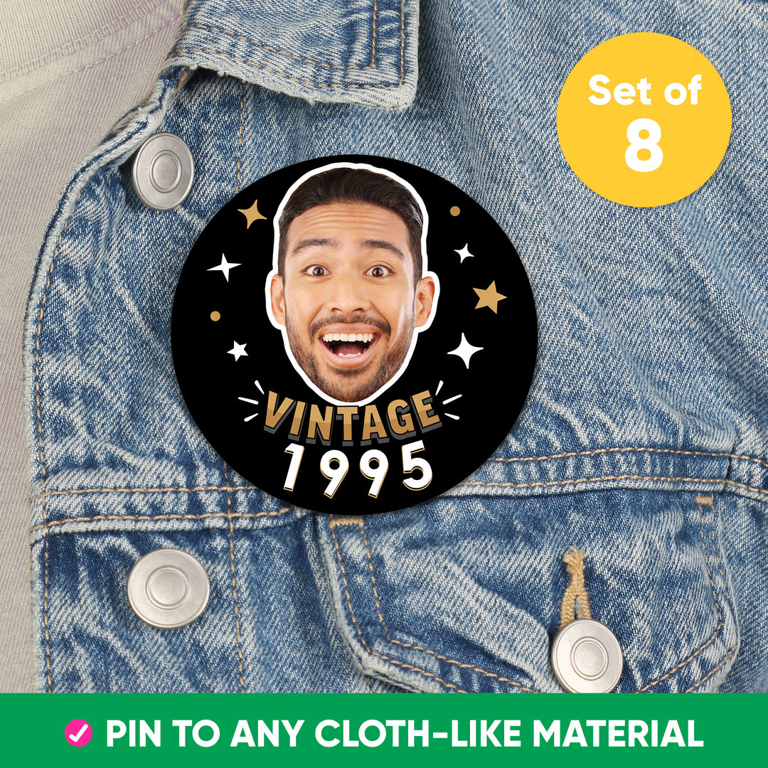 Custom Photo Vintage Birthday Pinback Buttons - 8 Ct