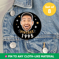 Custom Photo Vintage Birthday Pinback Buttons - 8 Ct