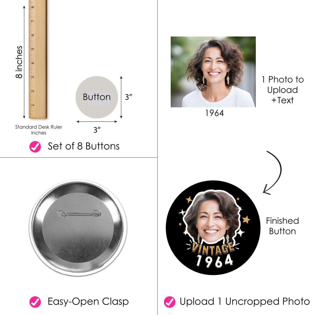 Custom Photo Vintage Birthday Pinback Buttons - 8 Ct
