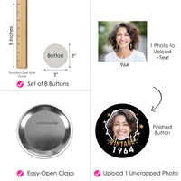 Custom Photo Vintage Birthday Pinback Buttons - 8 Ct