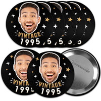 A set of custom photo pinback buttons with a vintage birthday theme, featuring a photo upload interface and text input for a personalized message.
