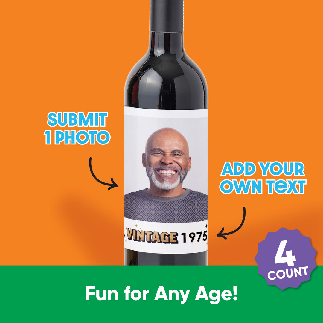 Custom Photo Vintage Birthday Wine Bottle Label Stickers - 4 Ct
