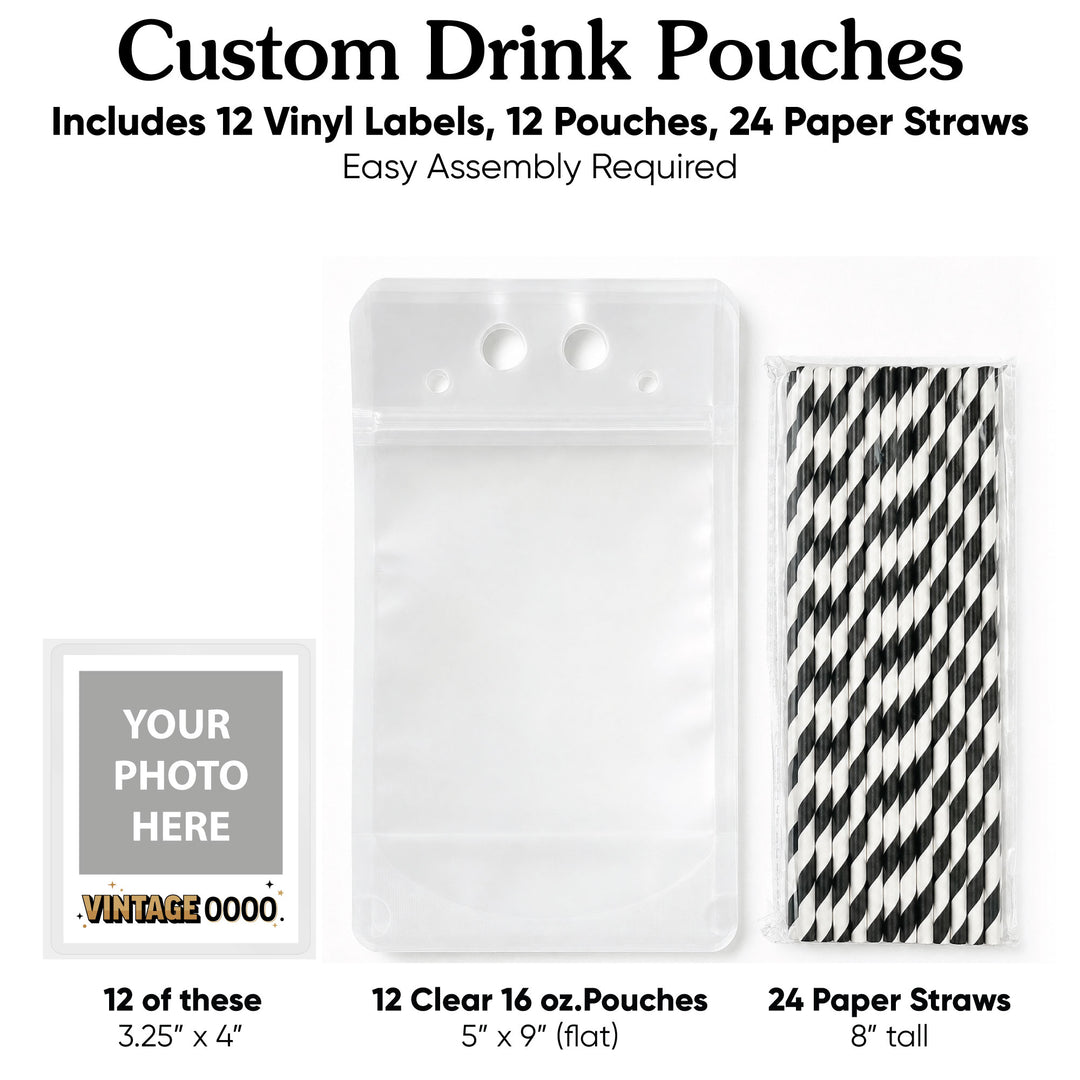Custom Photo Drink Pouches - Vintage Birthday - 12 Ct