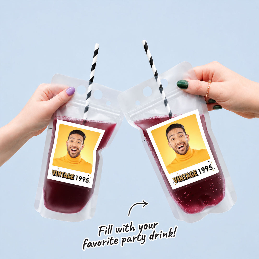Custom Photo Drink Pouches - Vintage Birthday - 12 Ct