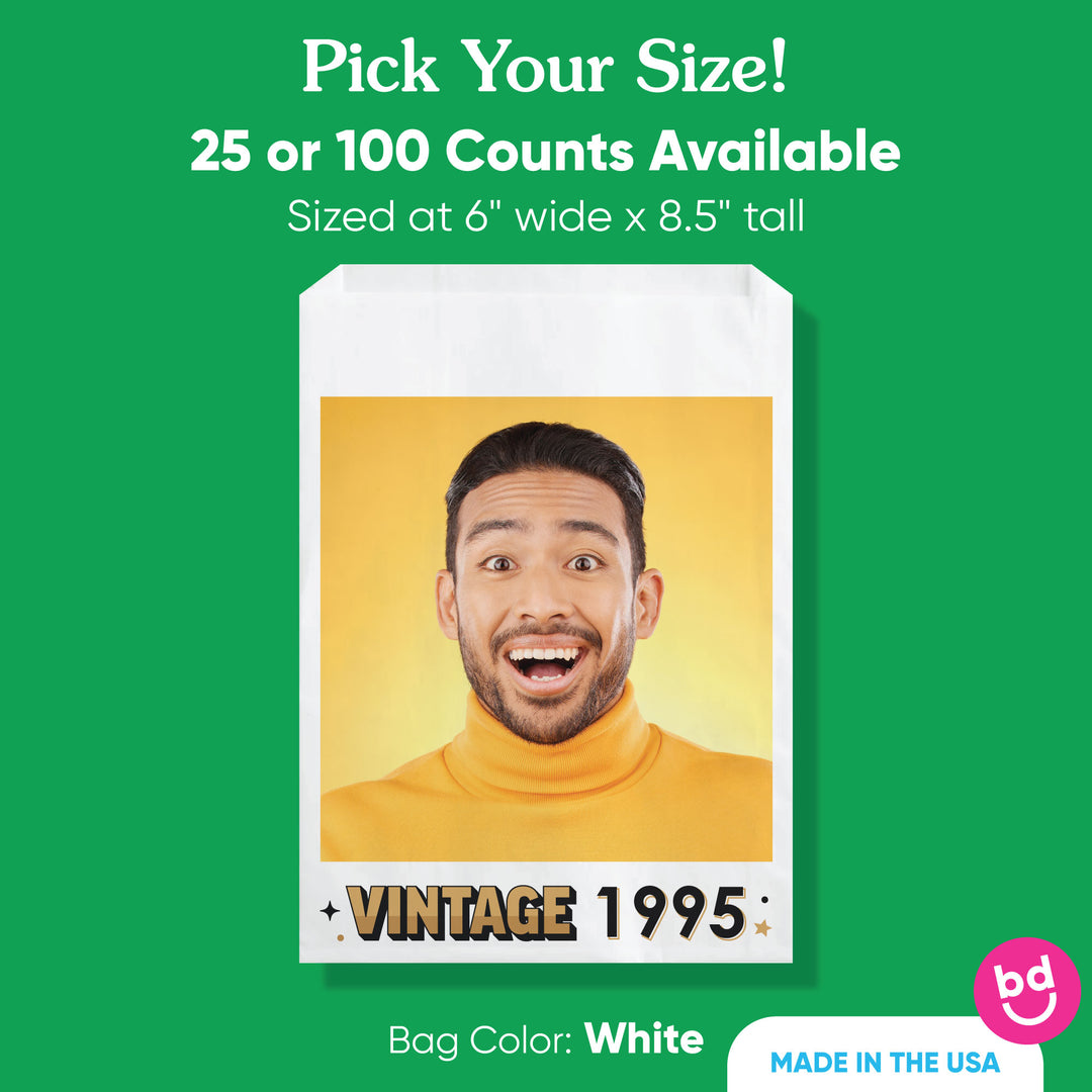Product packaging with a man's face on a green background, featuring text about size options and product details.