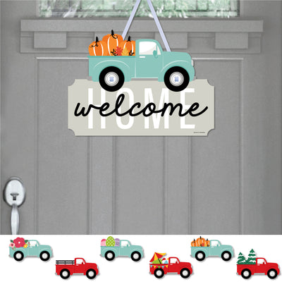 Vintage Holiday Truck - Hanging Welcome Home Red and Teal Pickup Seasonal Sign - Interchangeable Door Decor