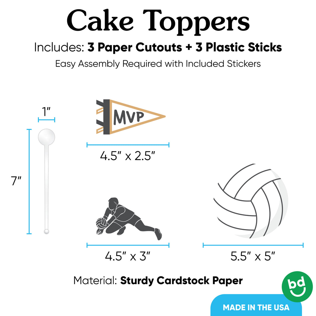 3 count volleyball cake topper set with sticks