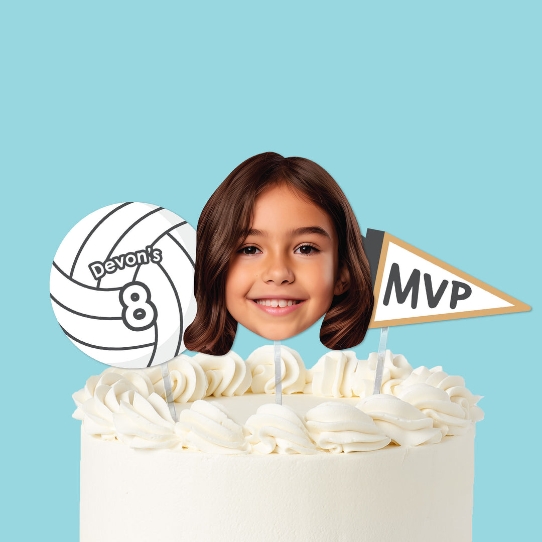 Volleyball custom cake topper with photo face ball and MVP pennant