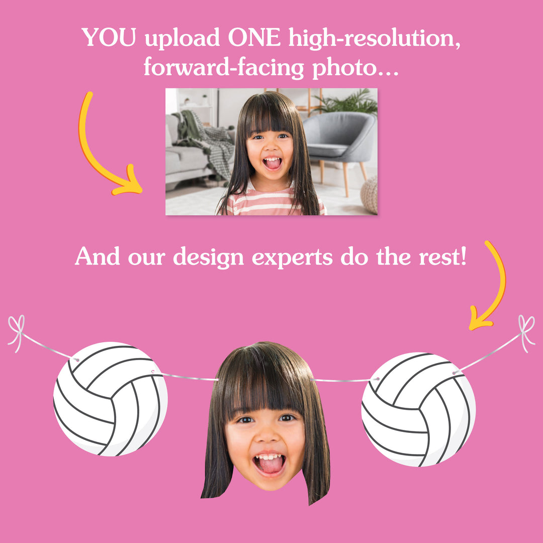 Promotional graphic with a child's photo and volleyball design elements on a pink background.