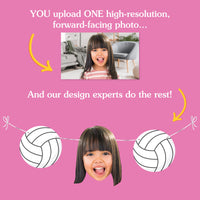 Promotional graphic with a child's photo and volleyball design elements on a pink background.