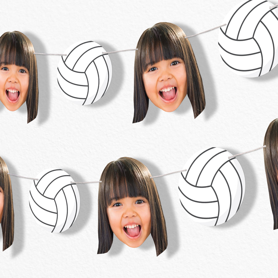 Custom Bunting Banner with faces of a young girl and volleyball patterns on a white background