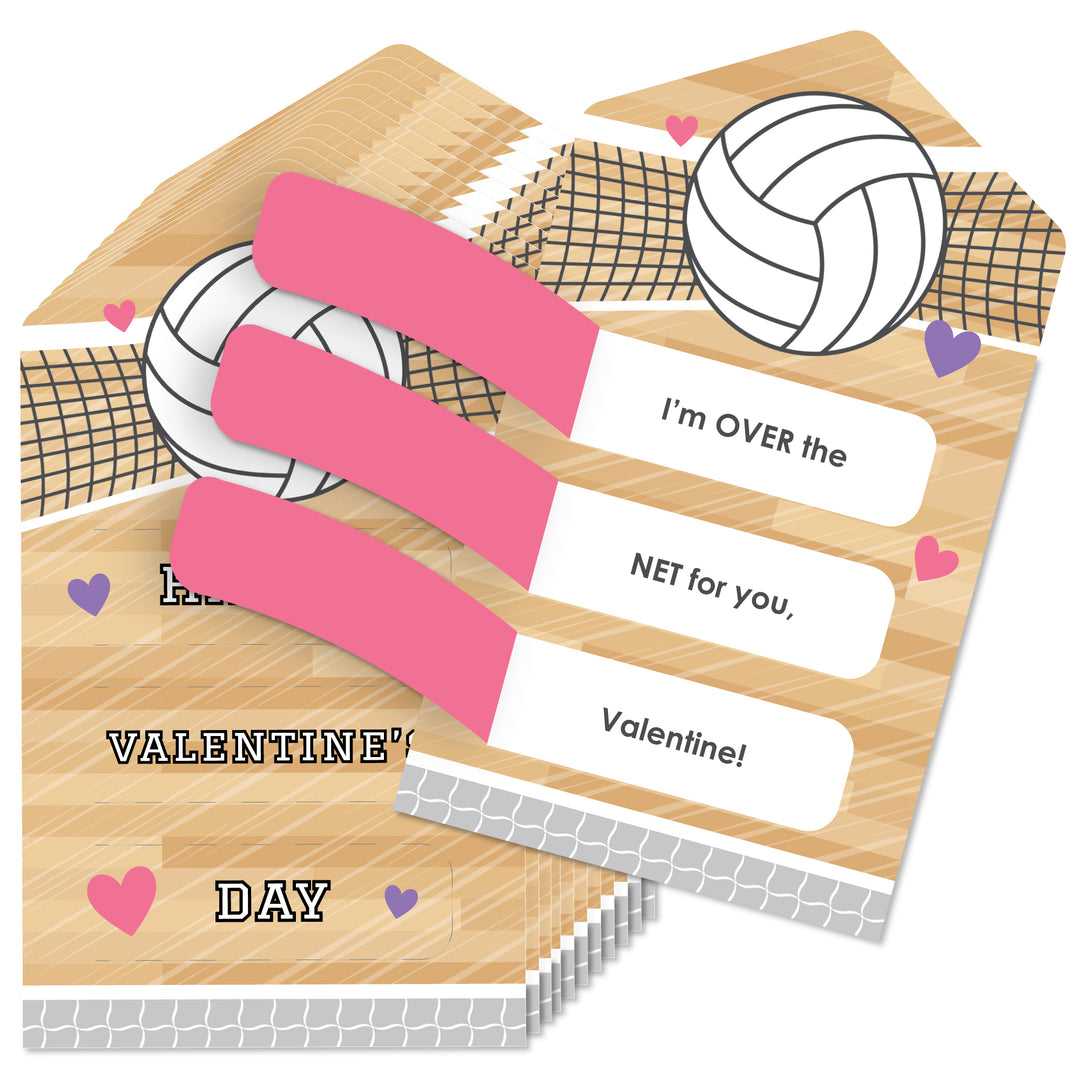 A Valentine's Day card with a volleyball theme, including a pull tab element, with a message that reads 'I'm OVER the NET for you, Valentine!'.