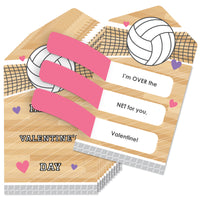 A Valentine's Day card with a volleyball theme, including a pull tab element, with a message that reads 'I'm OVER the NET for you, Valentine!'.