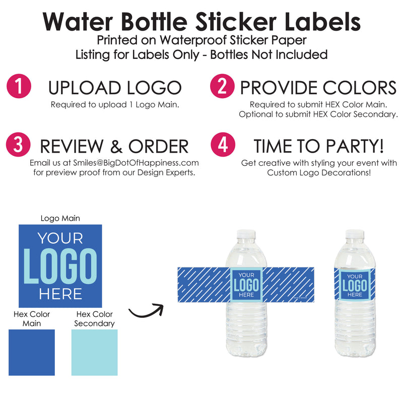 Custom Logo Water Bottle Labels - Personalized Branded Business Party Decorations - Set of 20 Stickers
