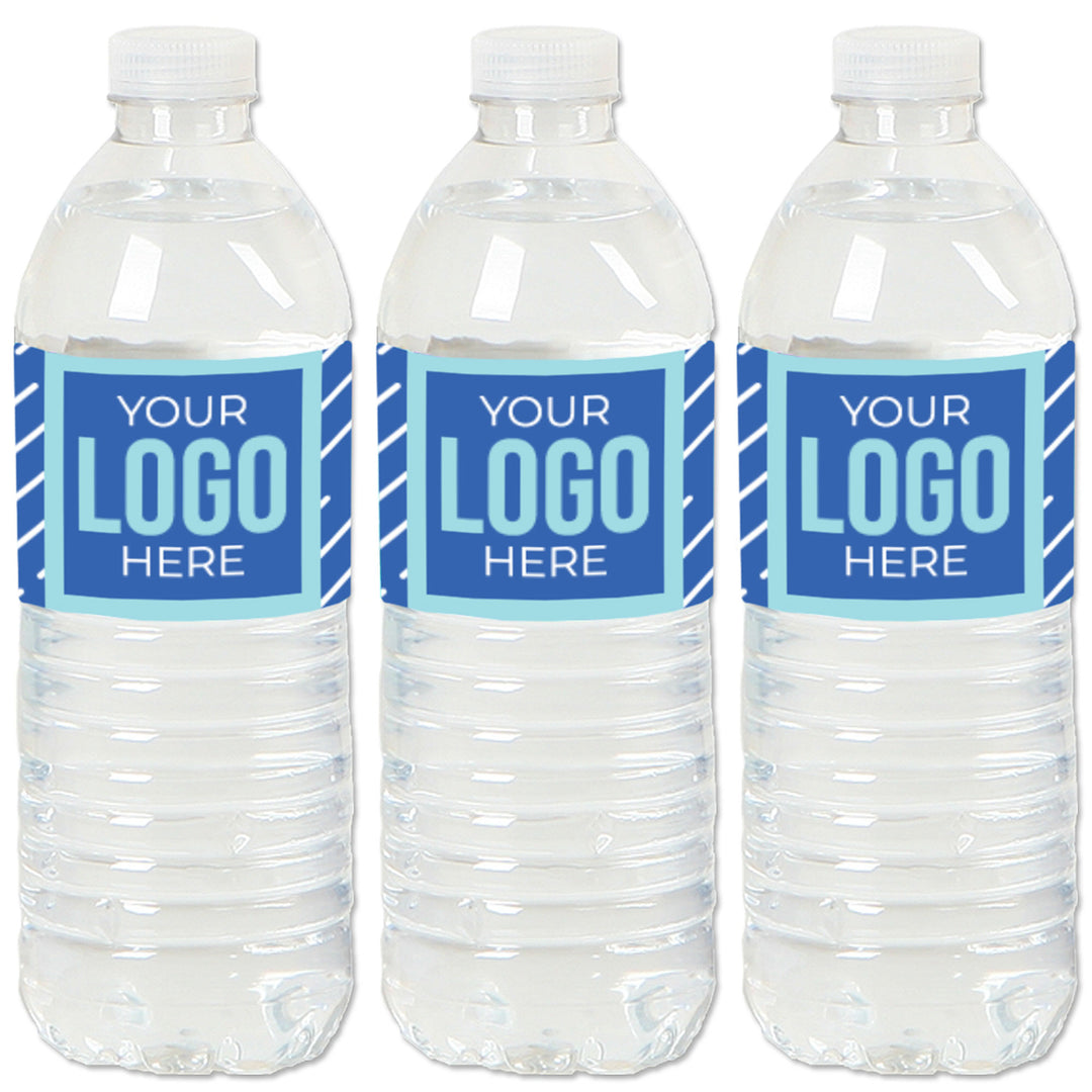 Branded water bottle labels featuring company logo for business events