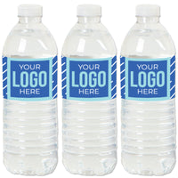 Branded water bottle labels featuring company logo for business events