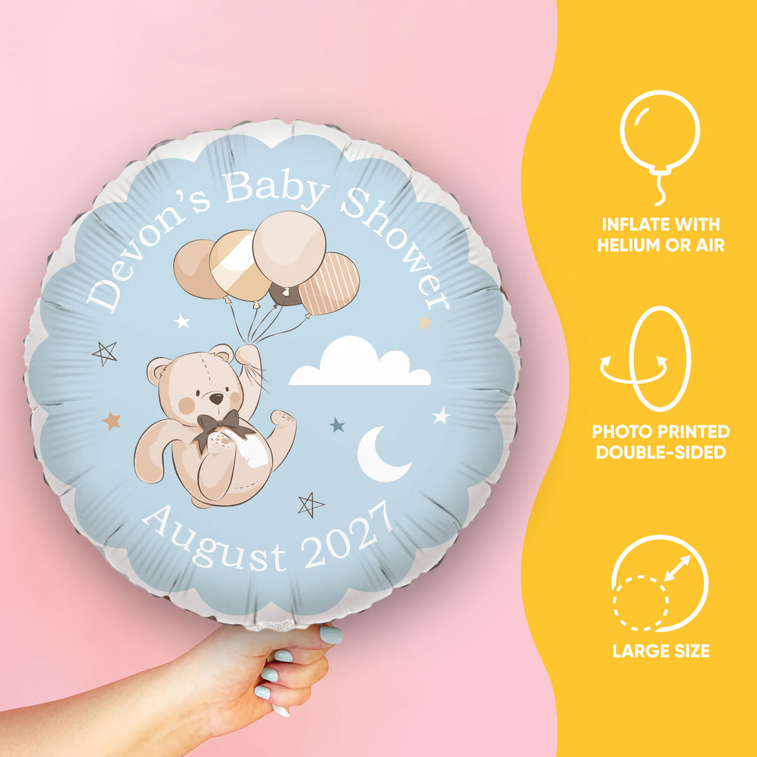 Custom Round balloon with teddy bear and balloons design, held by a hand on a pink background. we can bearly wait baby shower