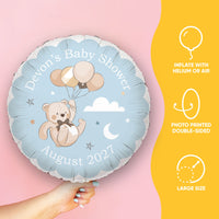 Custom Round balloon with teddy bear and balloons design, held by a hand on a pink background. we can bearly wait baby shower