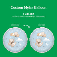 Two sides of a custom mylar balloon with a teddy bear and balloons design on a green background.