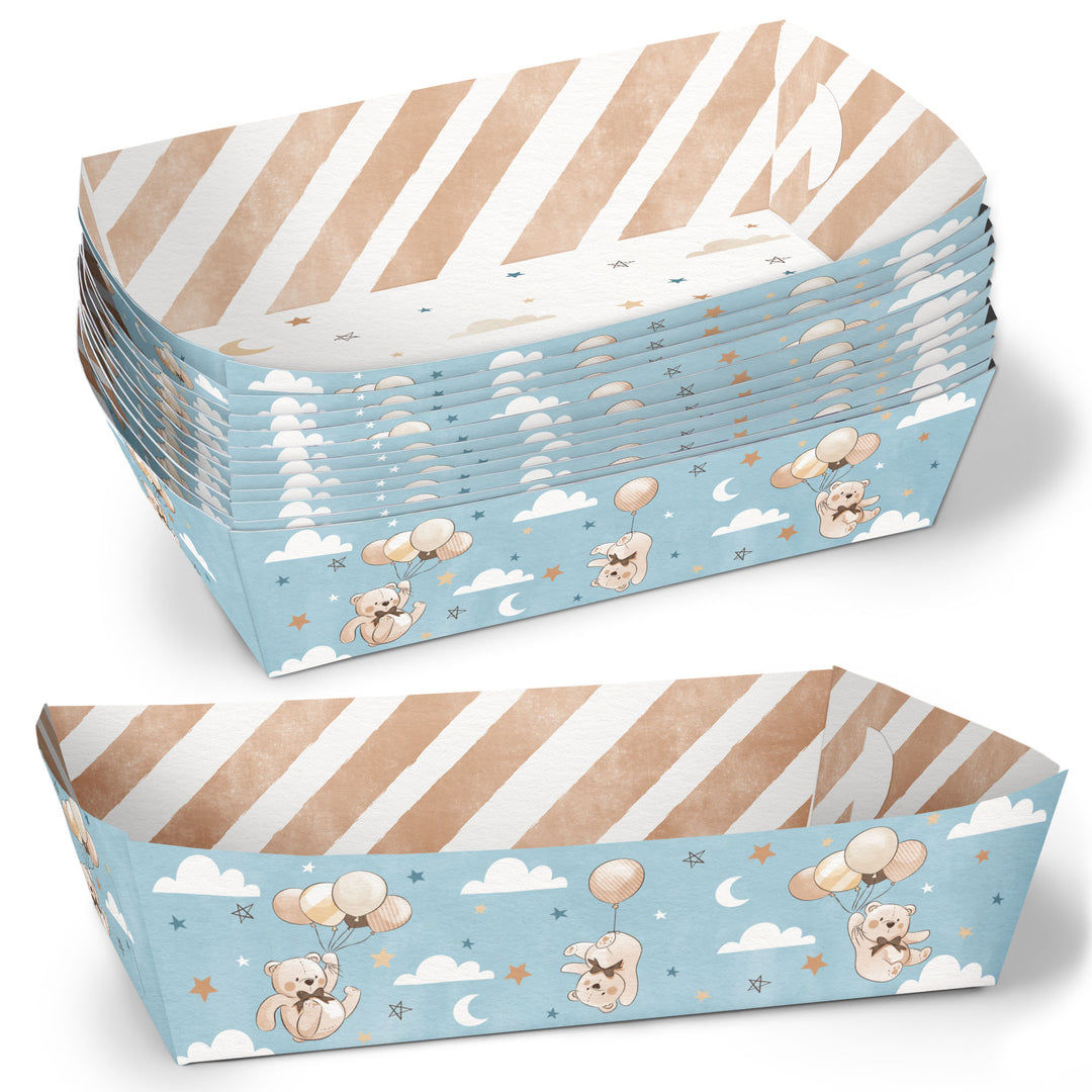 A set of disposable we can bearly wait paper food trays designed with a teddy bear and striped pattern, for a bear-themed party.