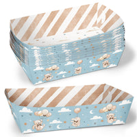 A set of disposable we can bearly wait paper food trays designed with a teddy bear and striped pattern, for a bear-themed party.