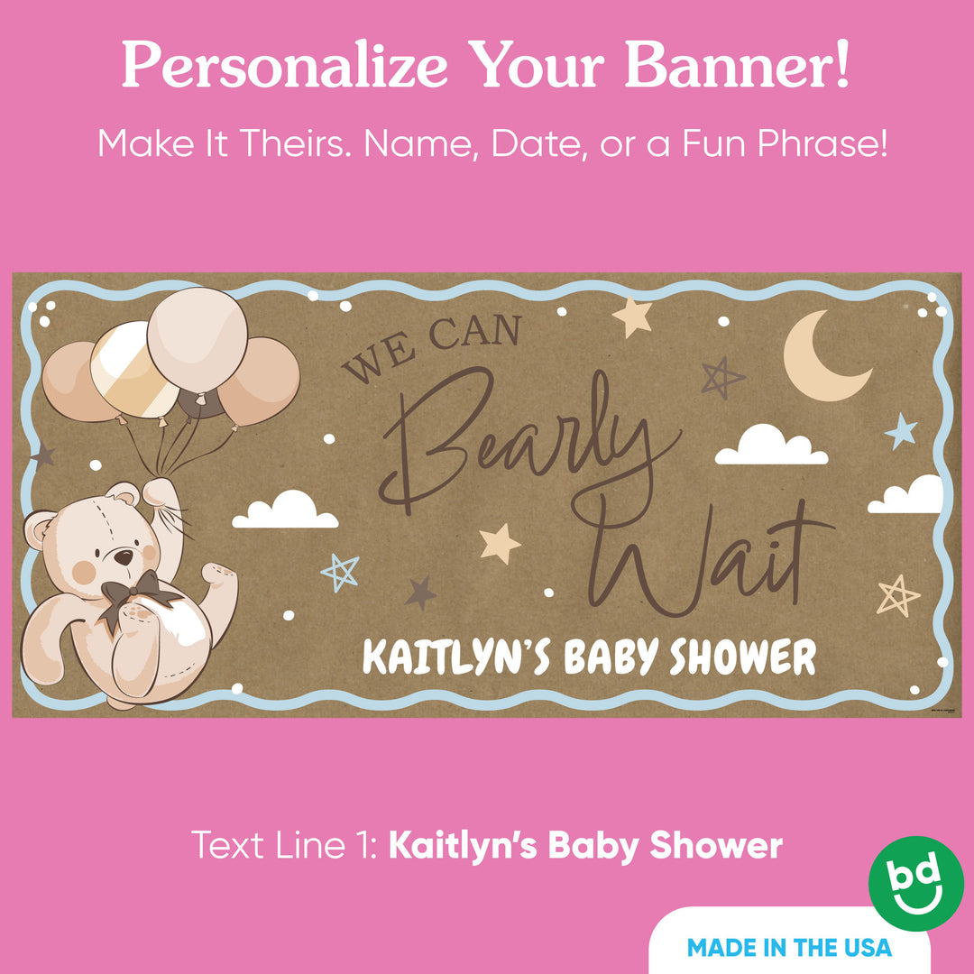 Custom baby name detail on teddy bear shower banner