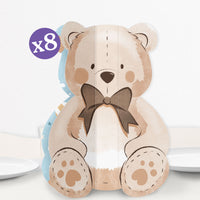 A teddy bear-shaped 3D  we can bearly wait centerpiece made of cardstock with blue-patterned sides, designed for baby shower or bear-themed parties.