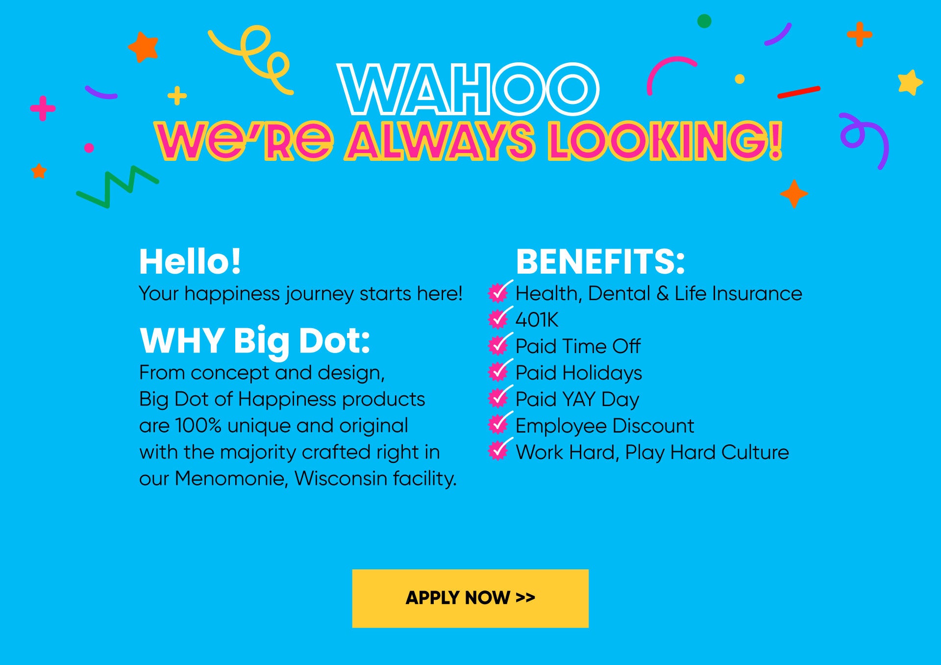 Promotional image for a job opportunity with colorful text and graphics on a blue background.