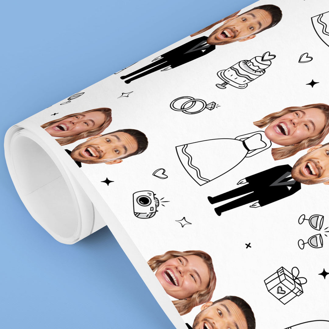 Custom Face Wrapping Paper - Wedding Couple Doodle