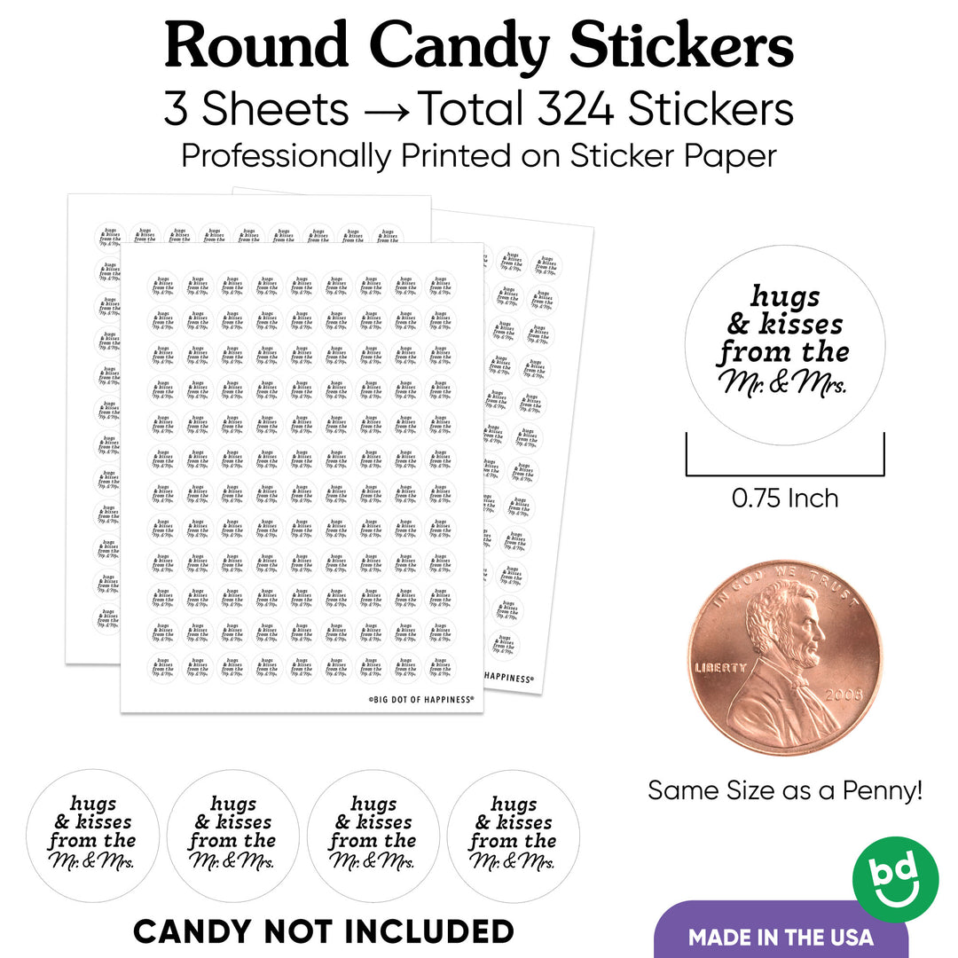 Round candy stickers with text and size comparison to a penny on a white background