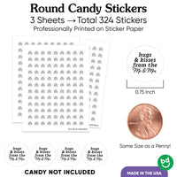 Round candy stickers with text and size comparison to a penny on a white background