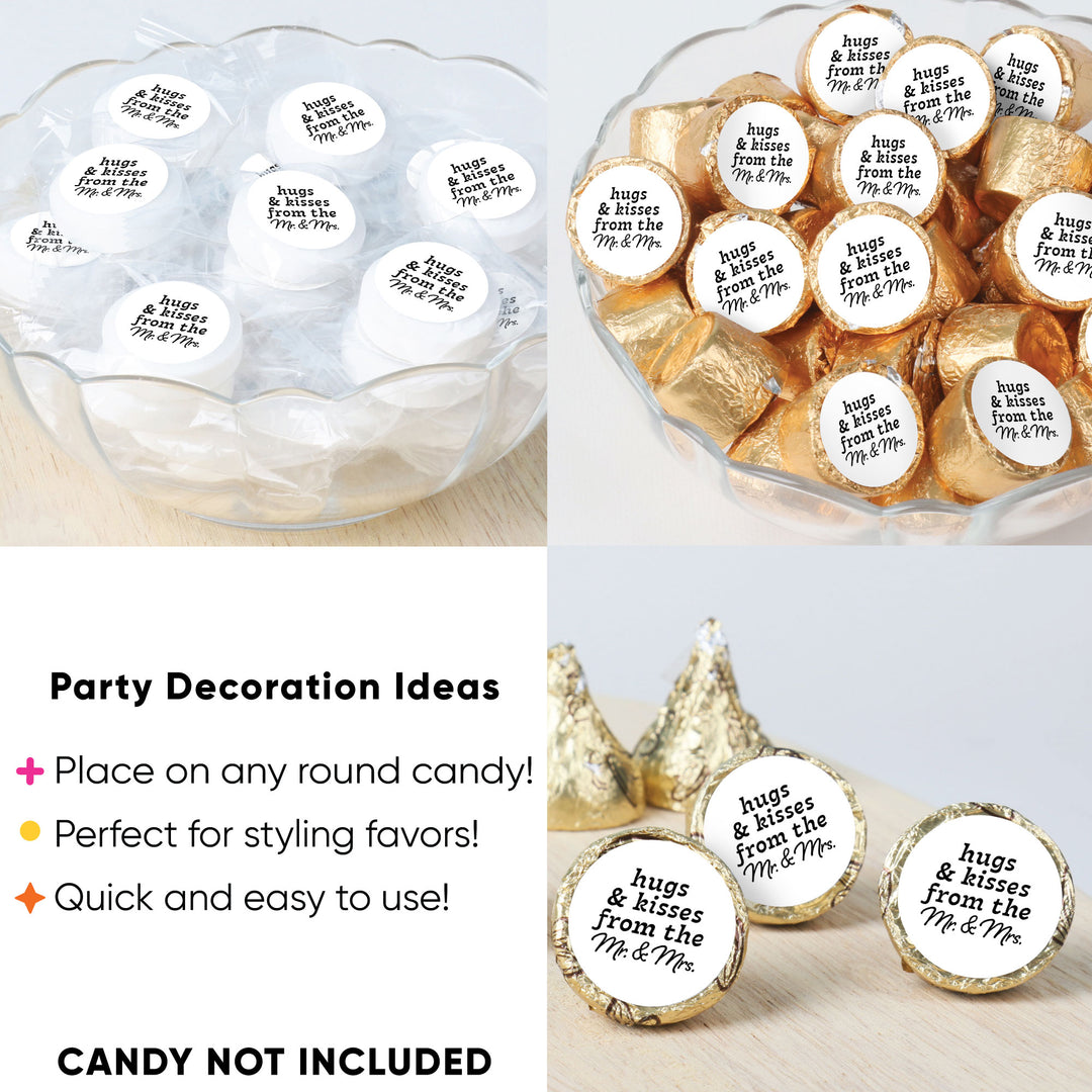 Decorative stickers with text on candies in a bowl, with text overlay about party decoration ideas.