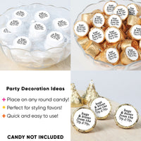 Decorative stickers with text on candies in a bowl, with text overlay about party decoration ideas.