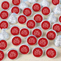 Hershey's Kisses with 'hugs & kisses from the Mr. & Mrs.' text on red labels.