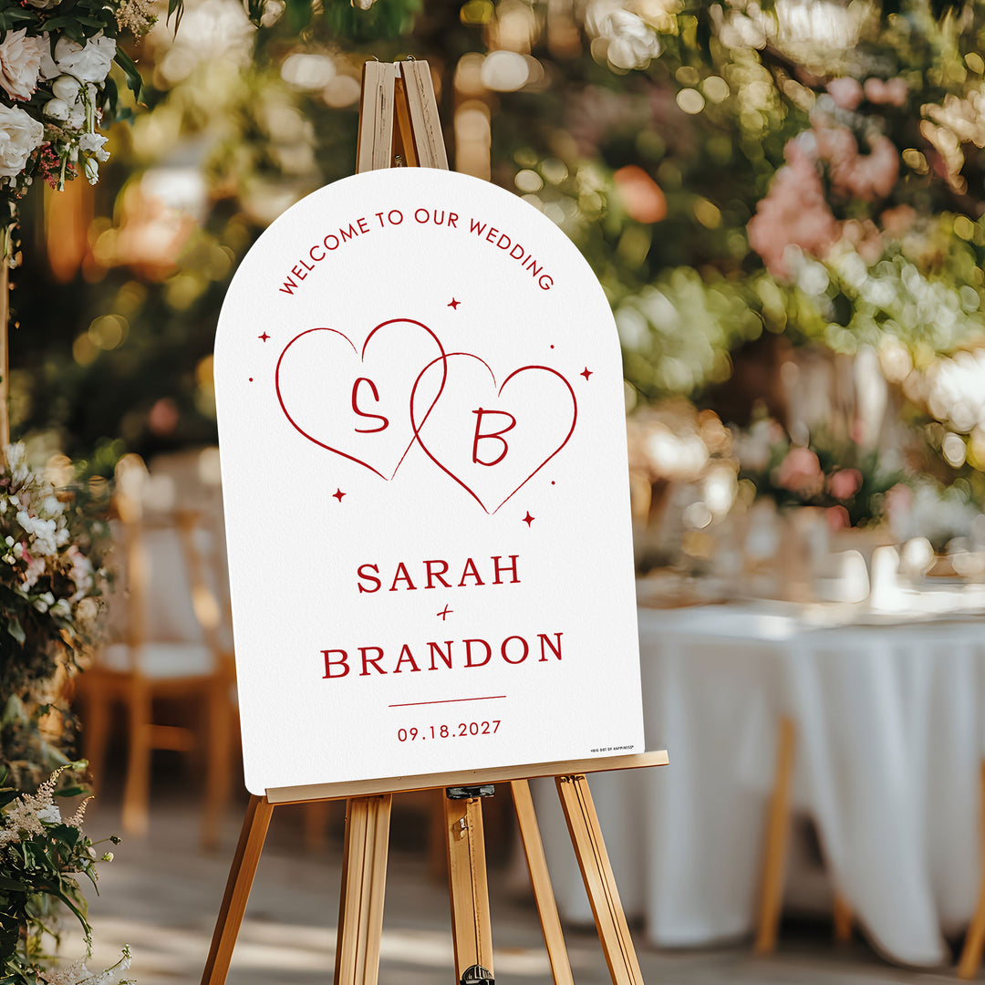 Personalized Text Cherry Red Wedding Hearts Welcome Sign (Select Your Size)