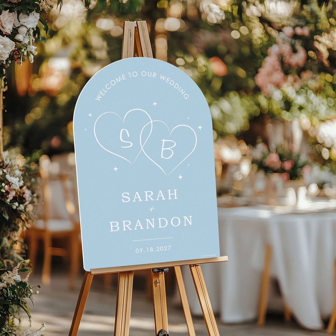 Personalized Text Dusty Blue Wedding Hearts Welcome Sign (Select Your Size)