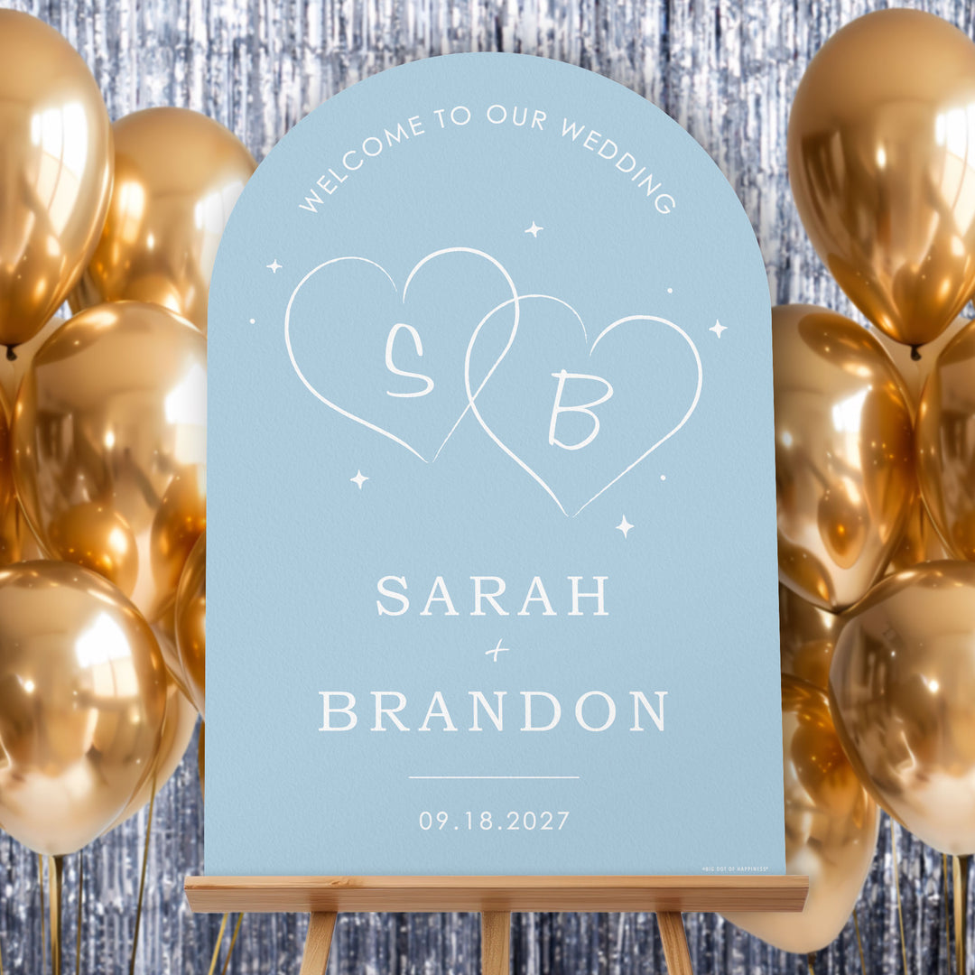 Personalized Text Dusty Blue Wedding Hearts Welcome Sign (Select Your Size)