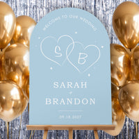 Personalized Text Dusty Blue Wedding Hearts Welcome Sign (Select Your Size)
