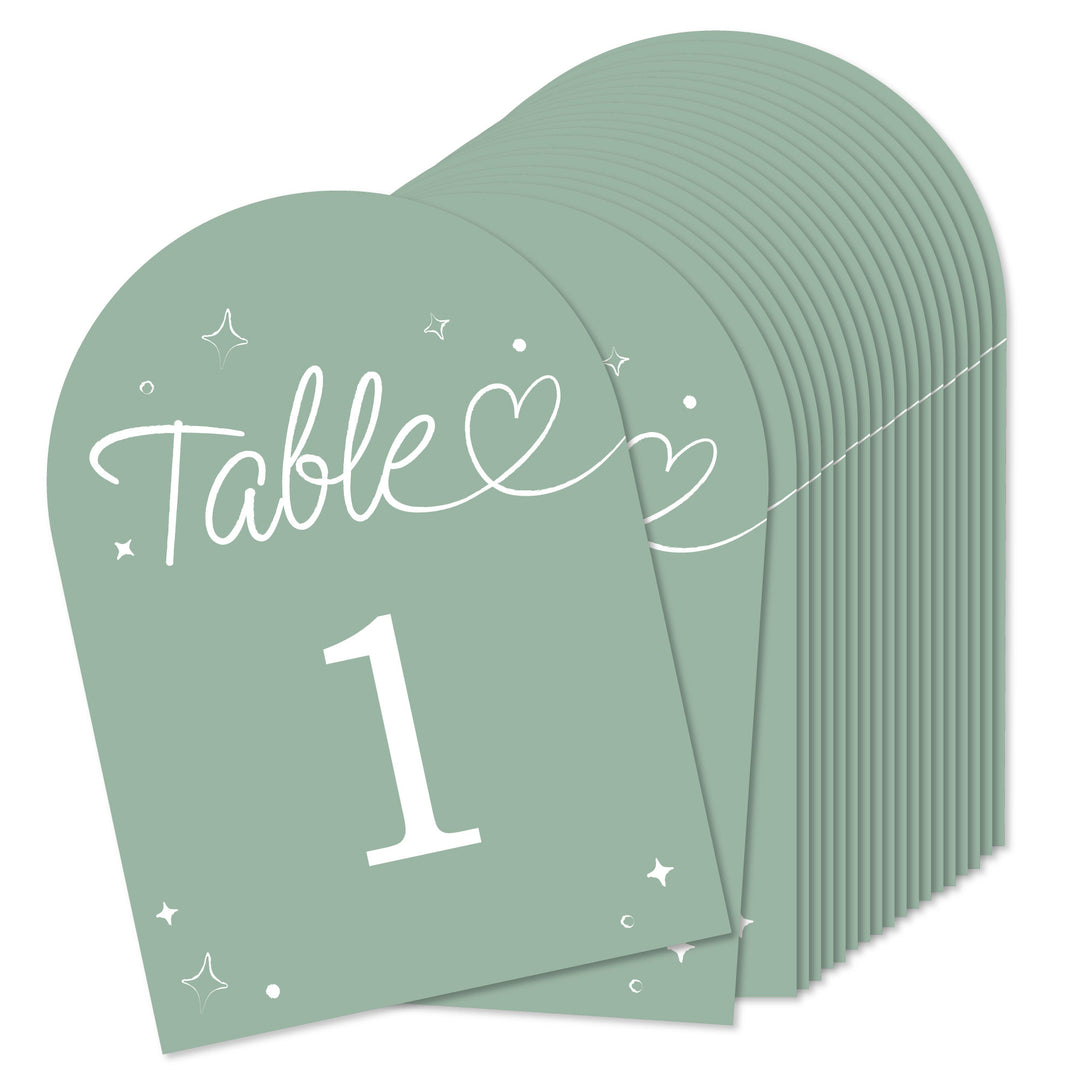 Stack of green table number cards with 'Table 1' printed on them.