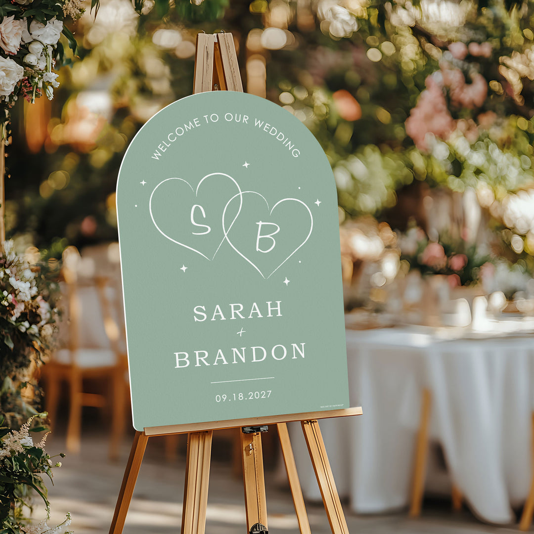 Personalized Text Sage Green Wedding Hearts Welcome Sign (Select Your Size)