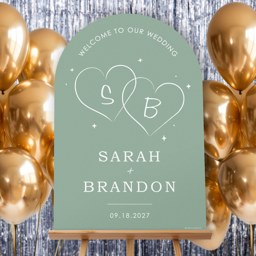 Personalized Text Sage Green Wedding Hearts Welcome Sign (Select Your Size)