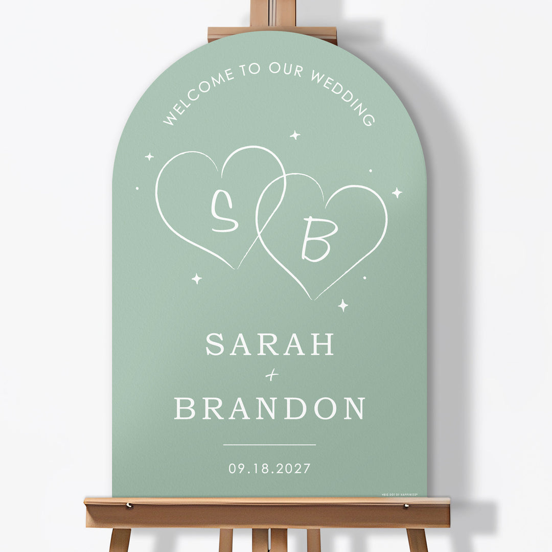 Personalized Text Sage Green Wedding Hearts Welcome Sign (Select Your Size)