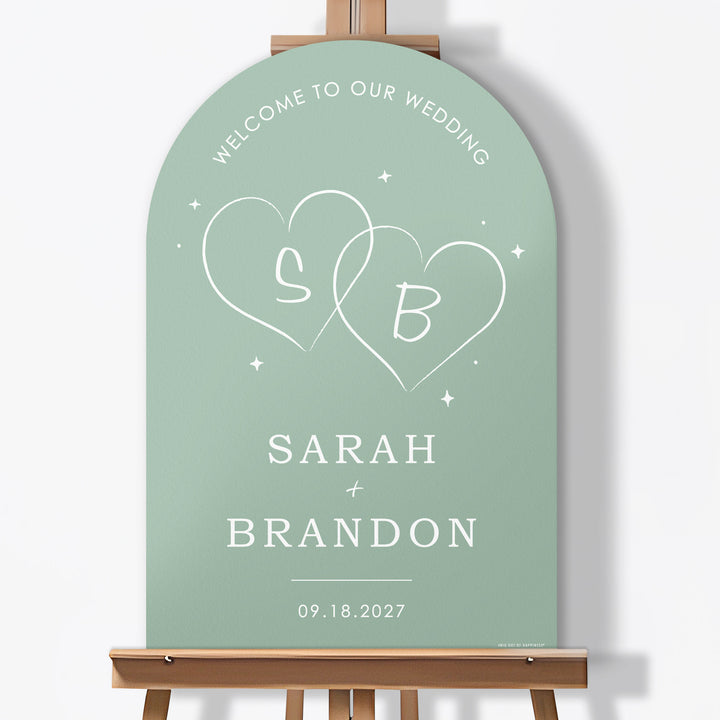 Personalized Text Sage Green Wedding Hearts Welcome Sign (Select Your Size)