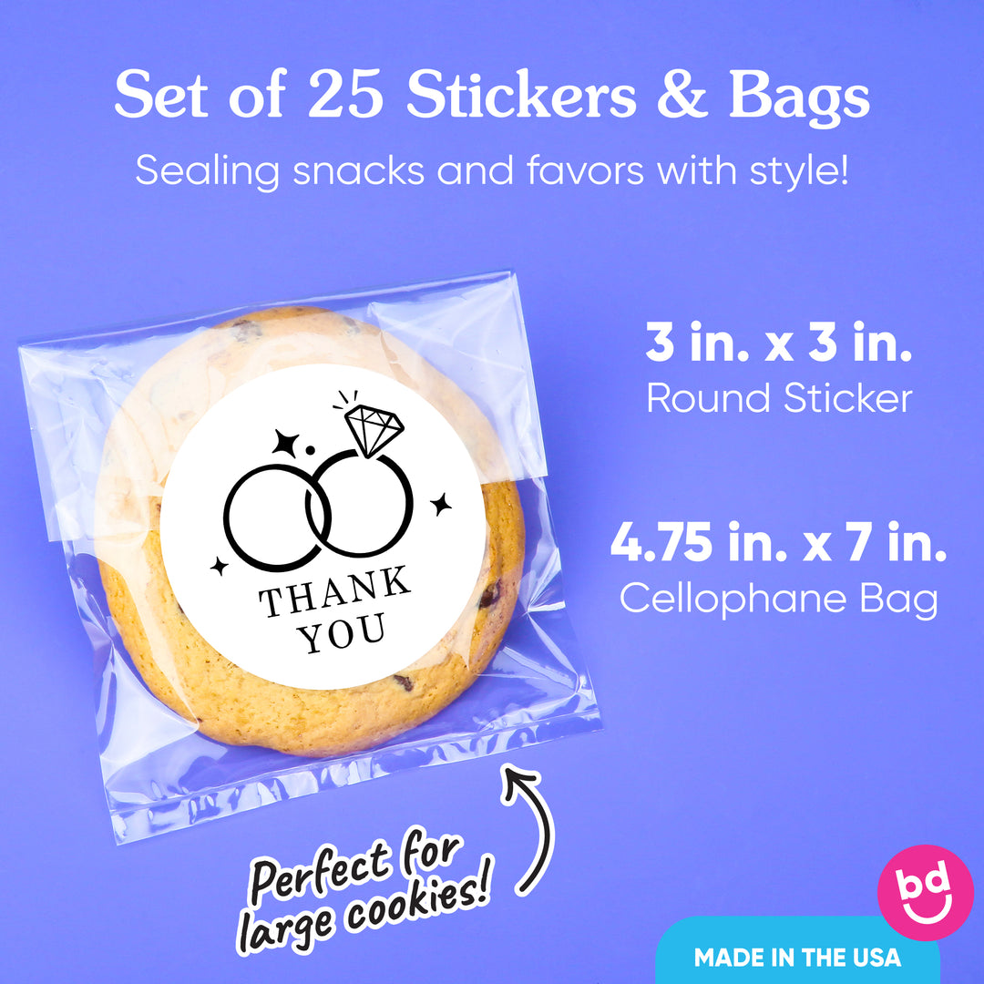 Wedding Thank You Stickers & Clear Cookie Bags - 25 Ct