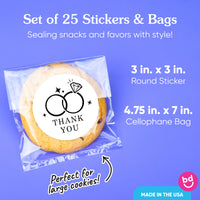 Wedding Thank You Stickers & Clear Cookie Bags - 25 Ct