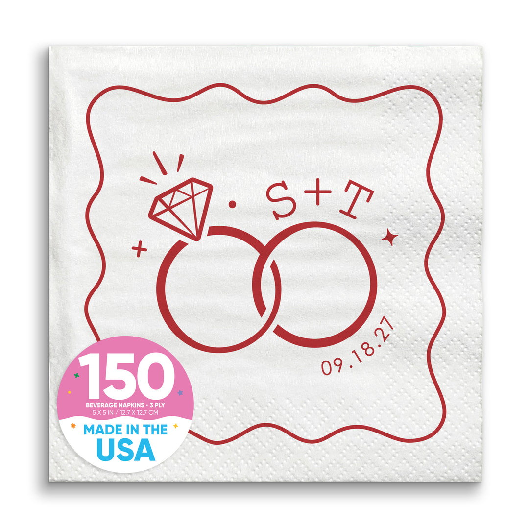 Custom Text - Cherry Red Wedding Rings Napkins
