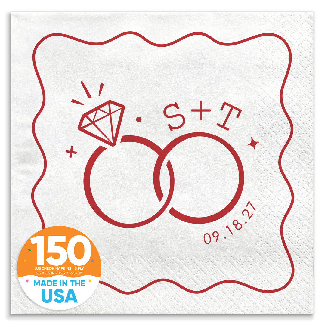 Custom Text - Cherry Red Wedding Rings Napkins