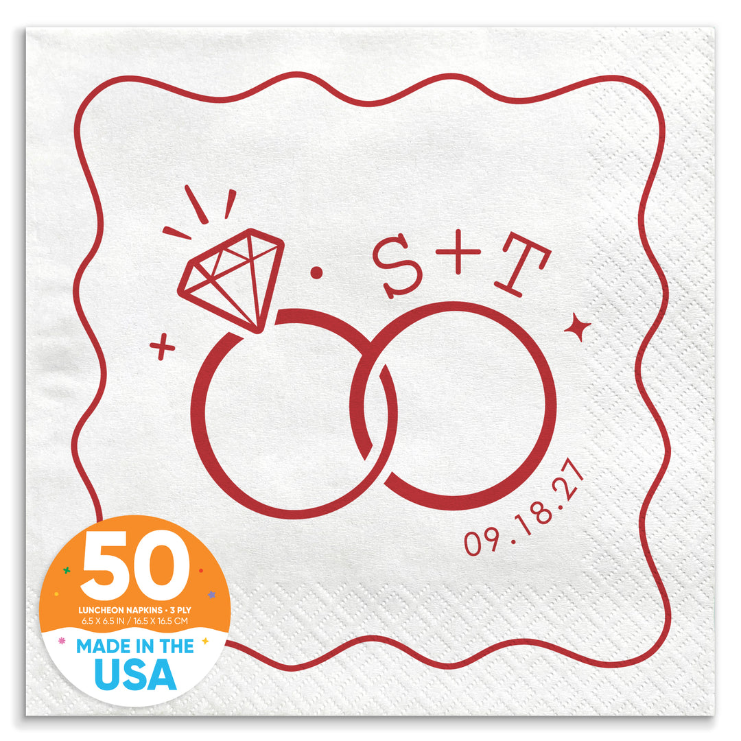 Custom Text - Cherry Red Wedding Rings Napkins