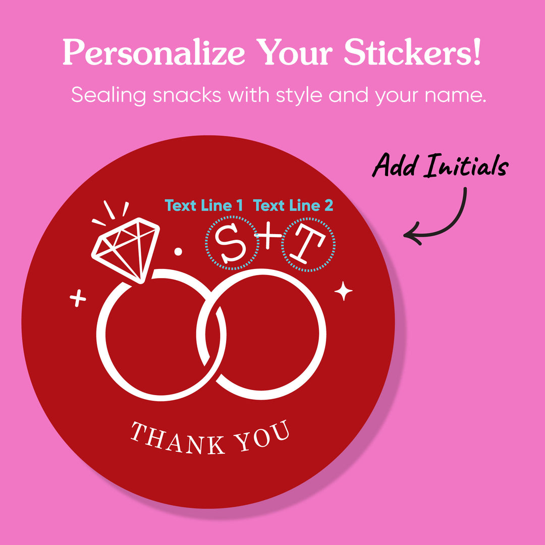 Custom Text Stickers & Clear Cookie Bags -  Cherry Red Wedding Rings